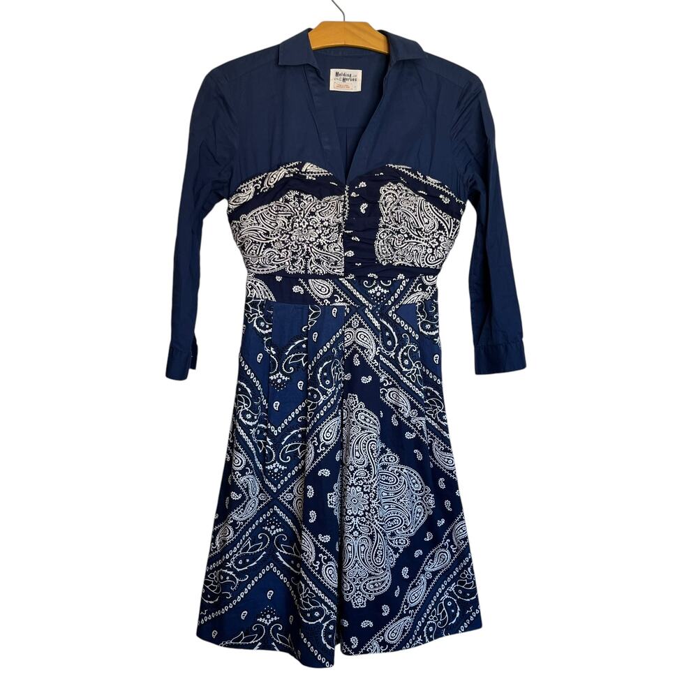 Anthropologie Holding Horses Blue Bandana Print Shirt Dress Fit Flare 3/4 Sleeve